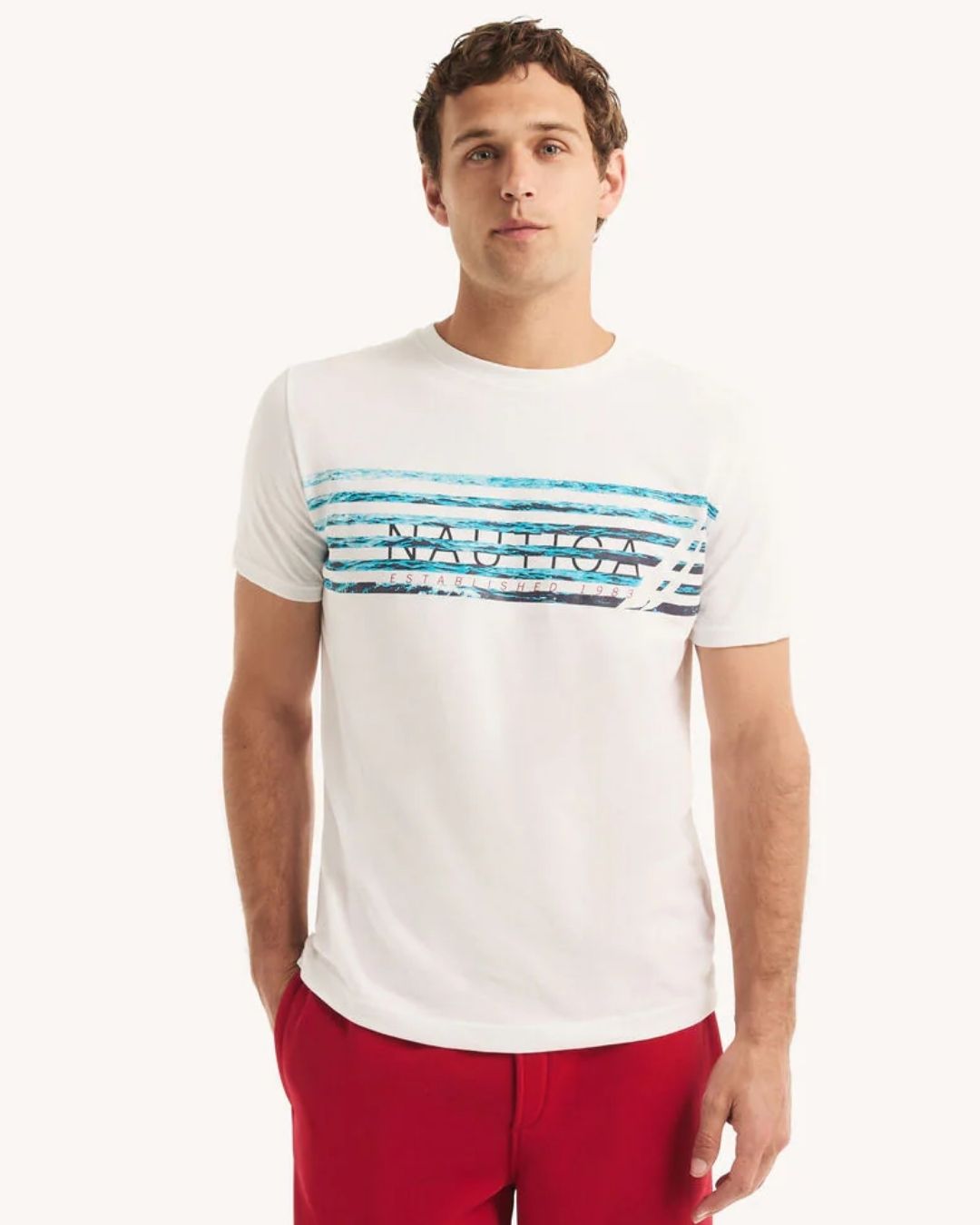CAMISETA NAUTICA BLANCA CON CELESTE PARA CABALLERO