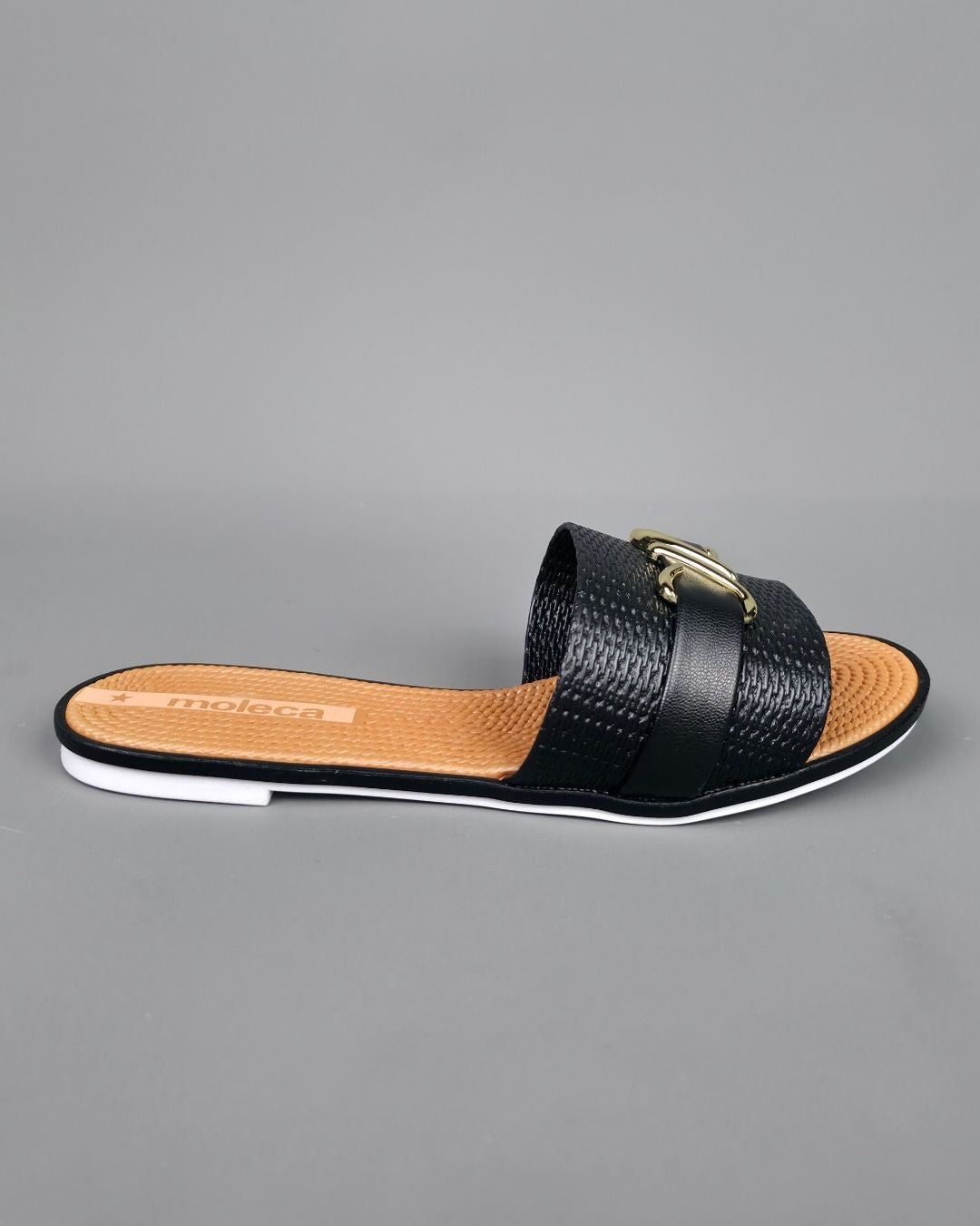 SANDALIA MOLECA FLAT NEGRA CON DORADO PARA DAMA