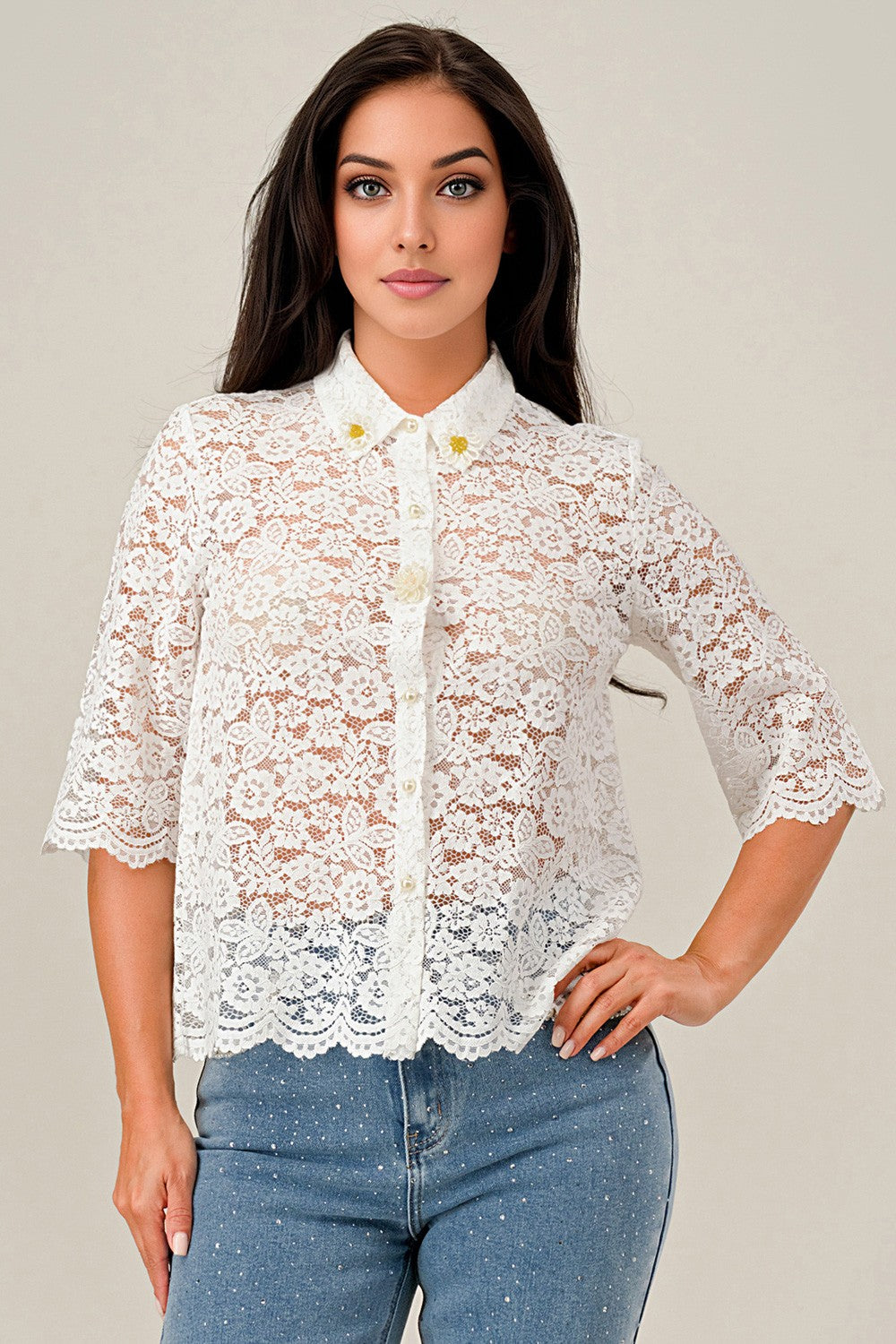 BLUSA LOS ANGELES CON MANGAS DE ENCAJE