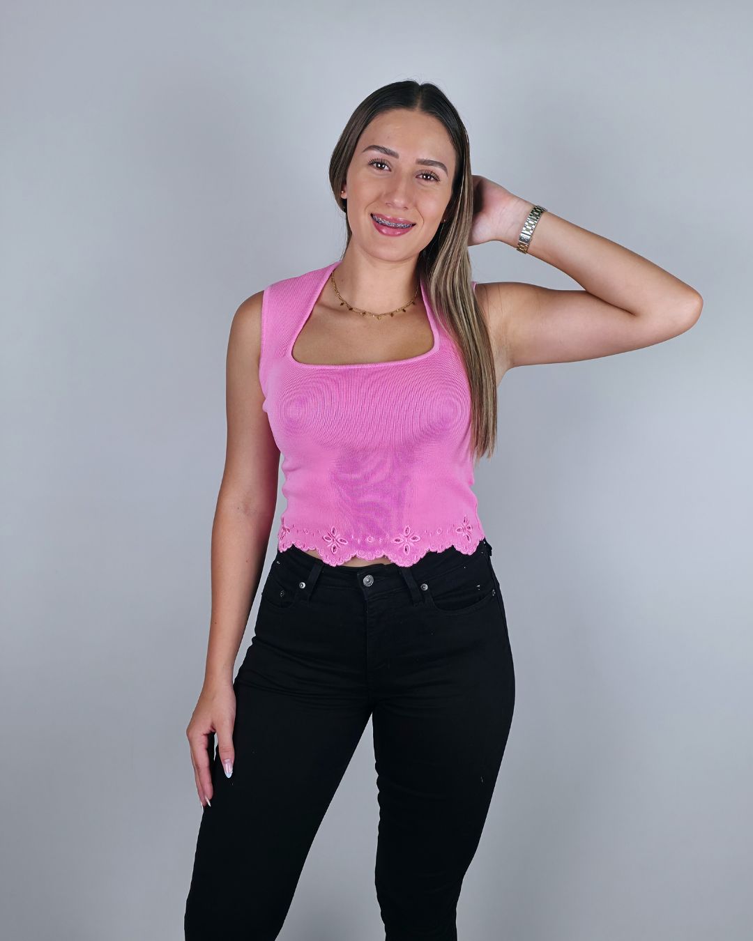 BLUSA LOS ÁNGELES ROSADA DE ENCAJE PARA DAMA