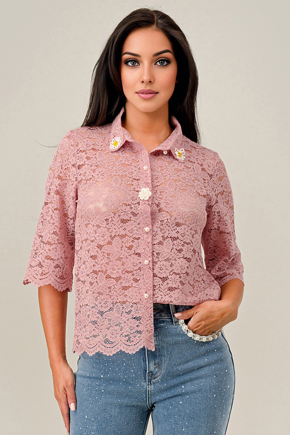 BLUSA LOS ANGELES CON MANGAS DE ENCAJE