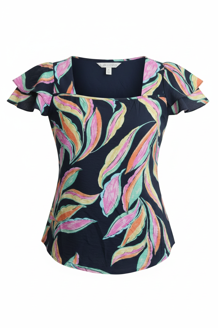 Blusa azul marino estampado tropical ghost mannequin
