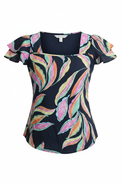 Blusa azul marino estampado tropical ghost mannequin
