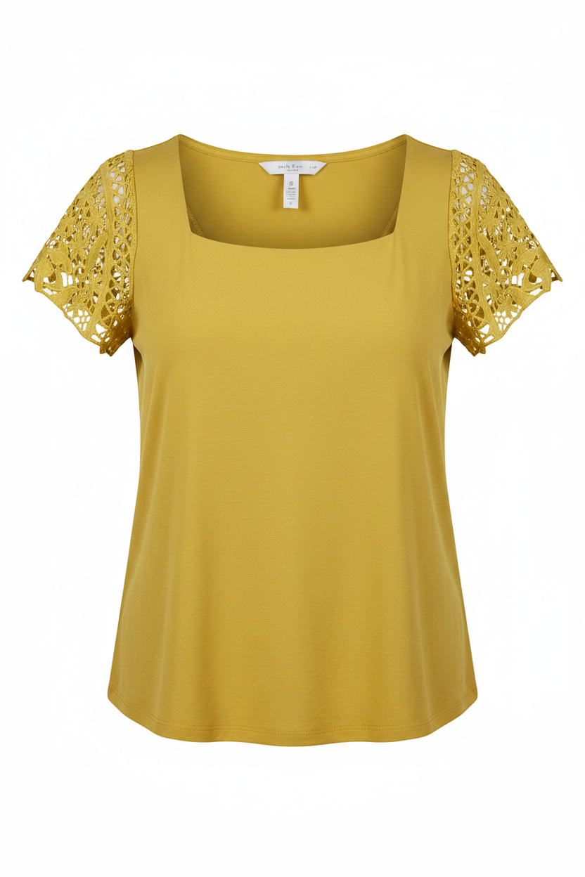 Blusa mostaza mangas crochet ghost mannequin