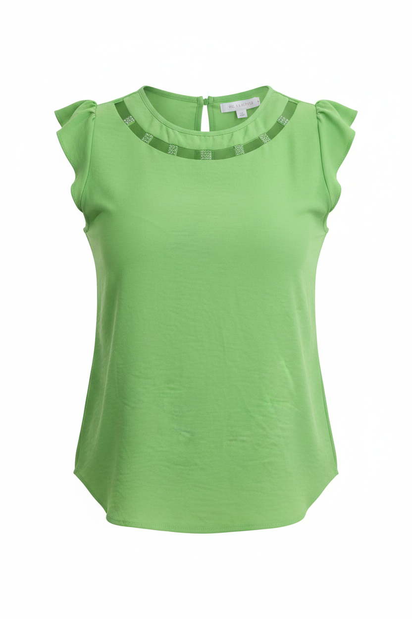 Blusa verde lima cuello con aberturas ghost mannequin