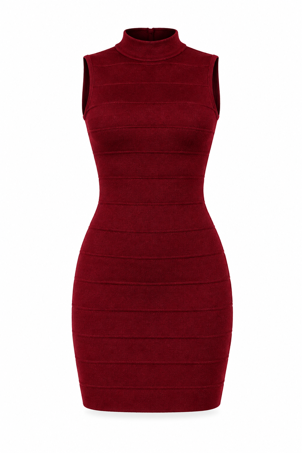 Vestido color vino con efecto maniquí invisible sobre fondo blanco